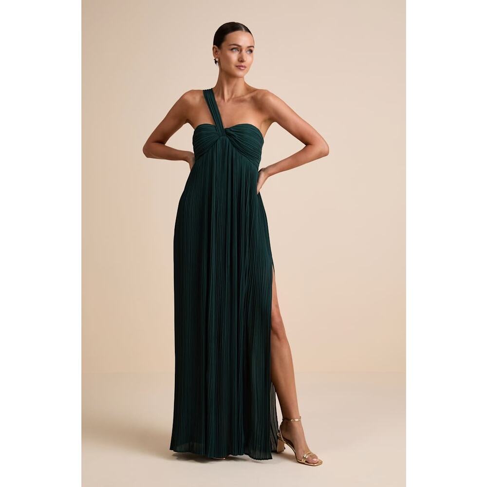 NWT Lulus Cayton Emerald Pleated One-Shoulder Maxi Dress Holiday Christmas Sz M